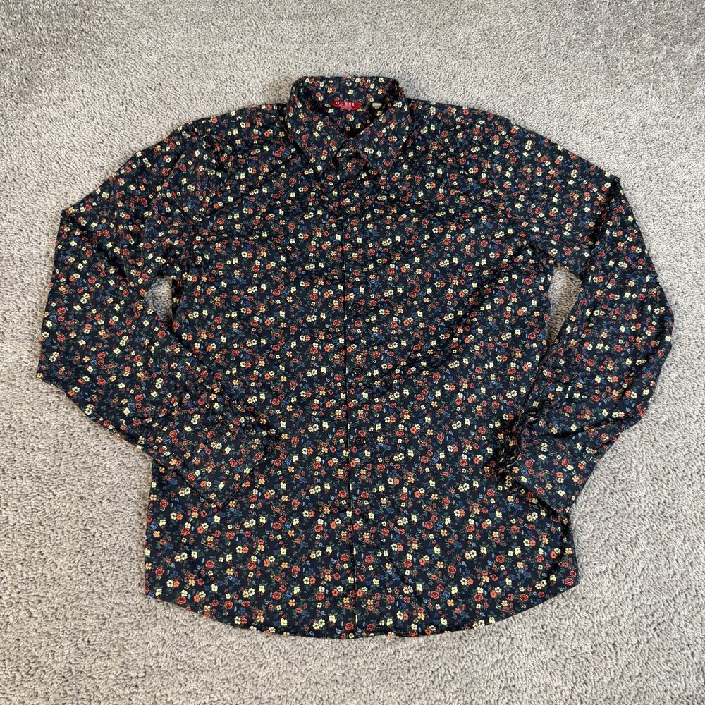 GUESS Shirt Mens M Black Long Multi Floral Sleeve Button Up Cotton Collared